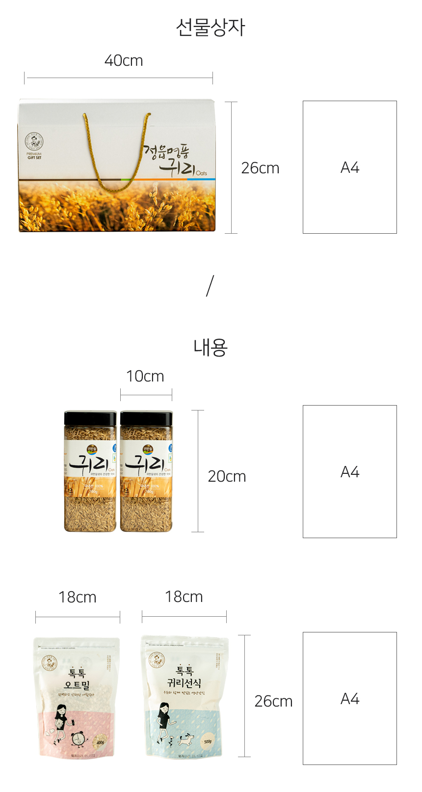 A4 용지와 나란히 비교한 정읍명품귀리 선물박스와 내부 용기·파우치의 크기